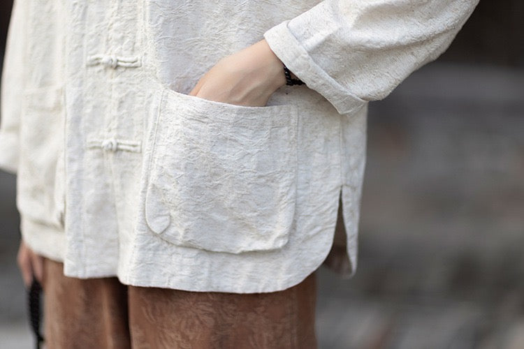 Tao One Tech™ • Yin–Yang Floral Jacquard Qigong Flow Pants • Tech Pockets • Cotton Linen