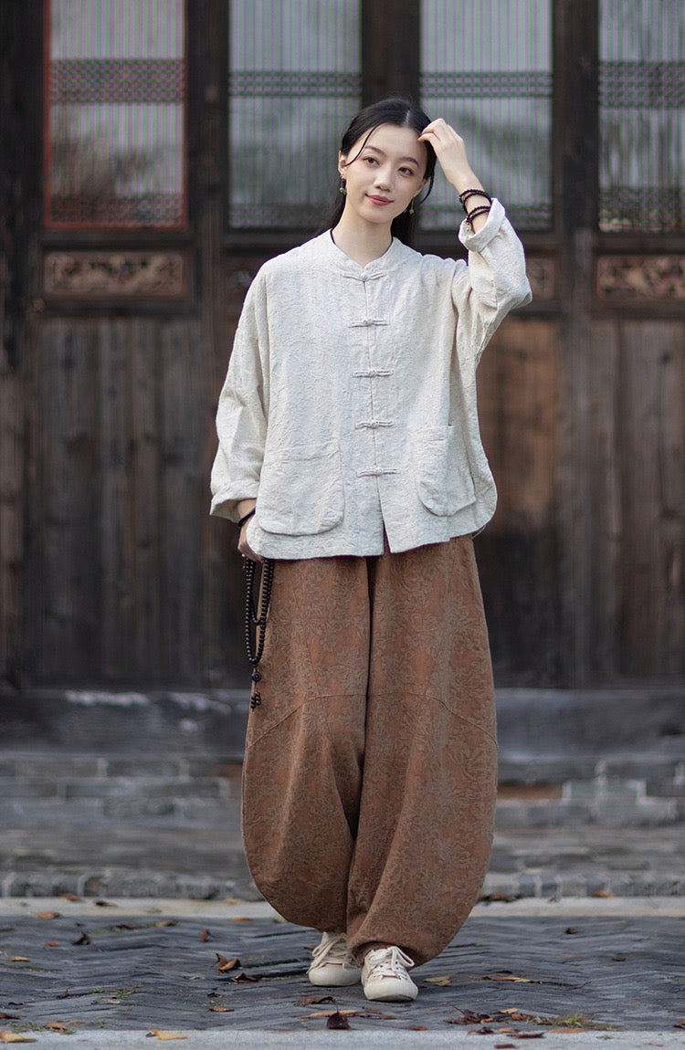 Tao One Tech™ • Yin–Yang Floral Jacquard Qigong Flow Pants • Tech Pockets • Cotton Linen