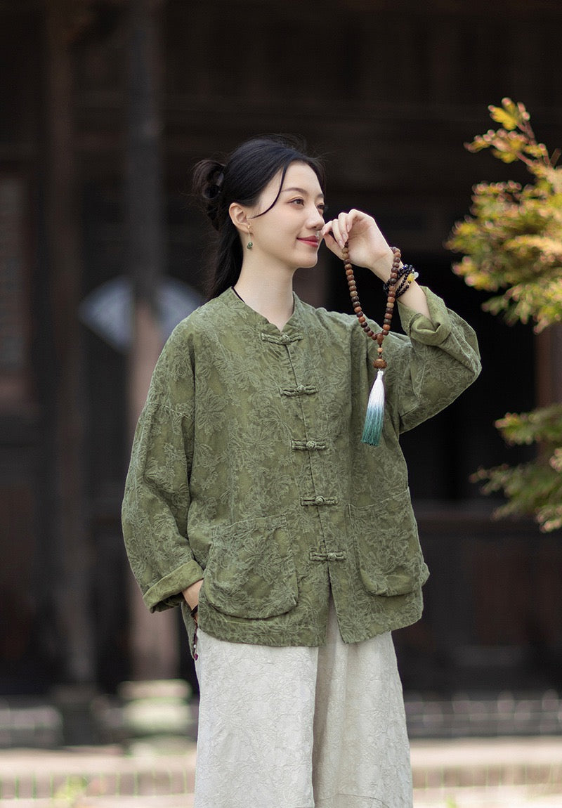 Tao One Tech™ • Yin–Yang Floral Jacquard Qigong Flow Pants • Tech Pockets • Cotton Linen