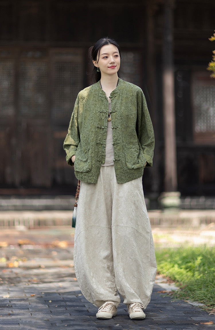 Tao One Tech™ • Yin–Yang Floral Jacquard Qigong Flow Pants • Tech Pockets • Cotton Linen