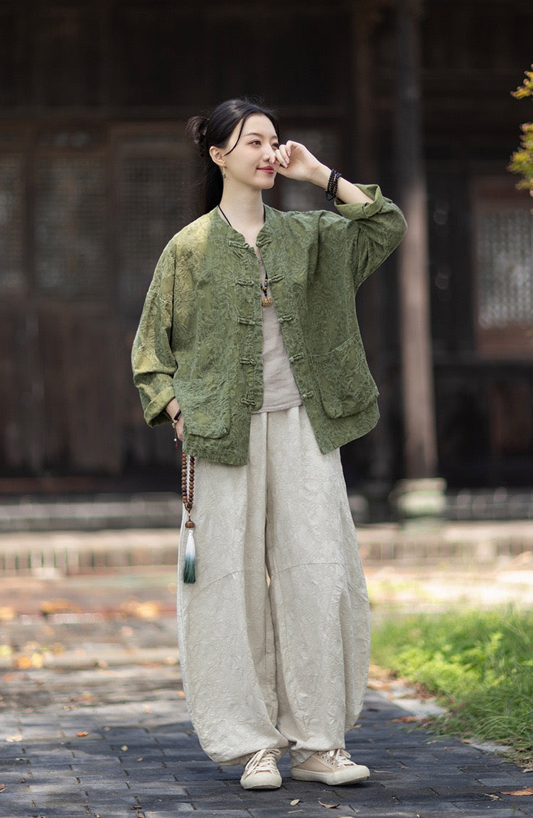 Tao One Tech™ • Yin–Yang Floral Jacquard Qigong Flow Pants • Tech Pockets • Cotton Linen