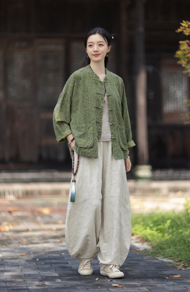 Tao One Tech™ • Yin–Yang Floral Jacquard Qigong Flow Pants • Tech Pockets • Cotton Linen
