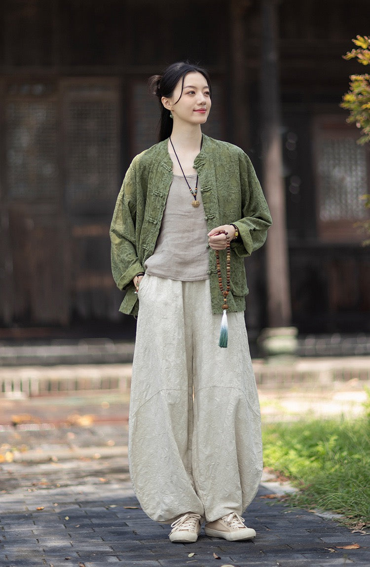 Tao One Tech™ • Yin–Yang Floral Jacquard Qigong Flow Pants • Tech Pockets • Cotton Linen