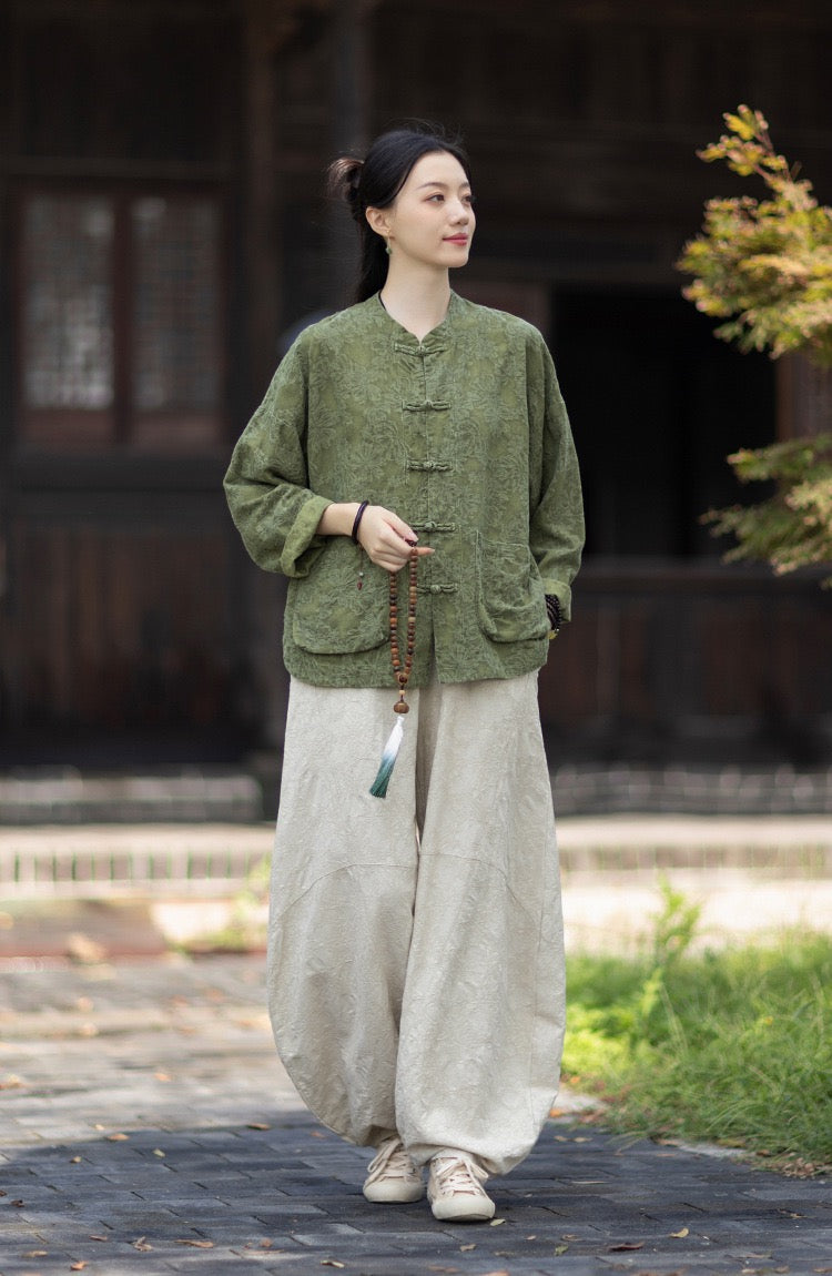 Tao One Tech™ • Yin–Yang Floral Jacquard Qigong Flow Pants • Tech Pockets • Cotton Linen