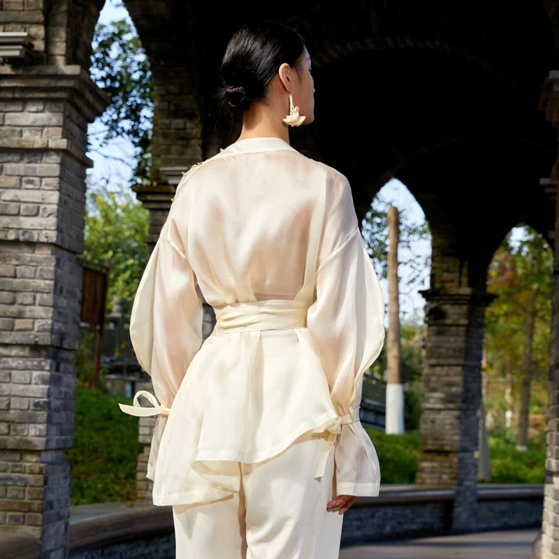 Tao Silk Tech™ • Tao Fairy Silk Shirt • Elegant Empress Waist • Gold Button Details • 100% Mulberry Silk • High Vibrational Frequency