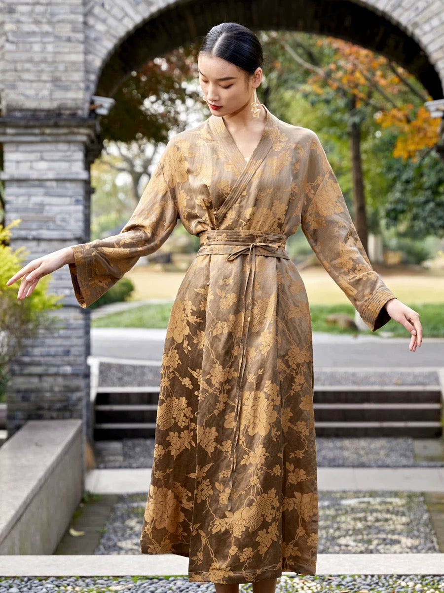 Tao One Tech™ • Golden Bronze Silk Floral Kimono Dress • Mulberry Silk Linen • Floral Jacquard Cheongsam