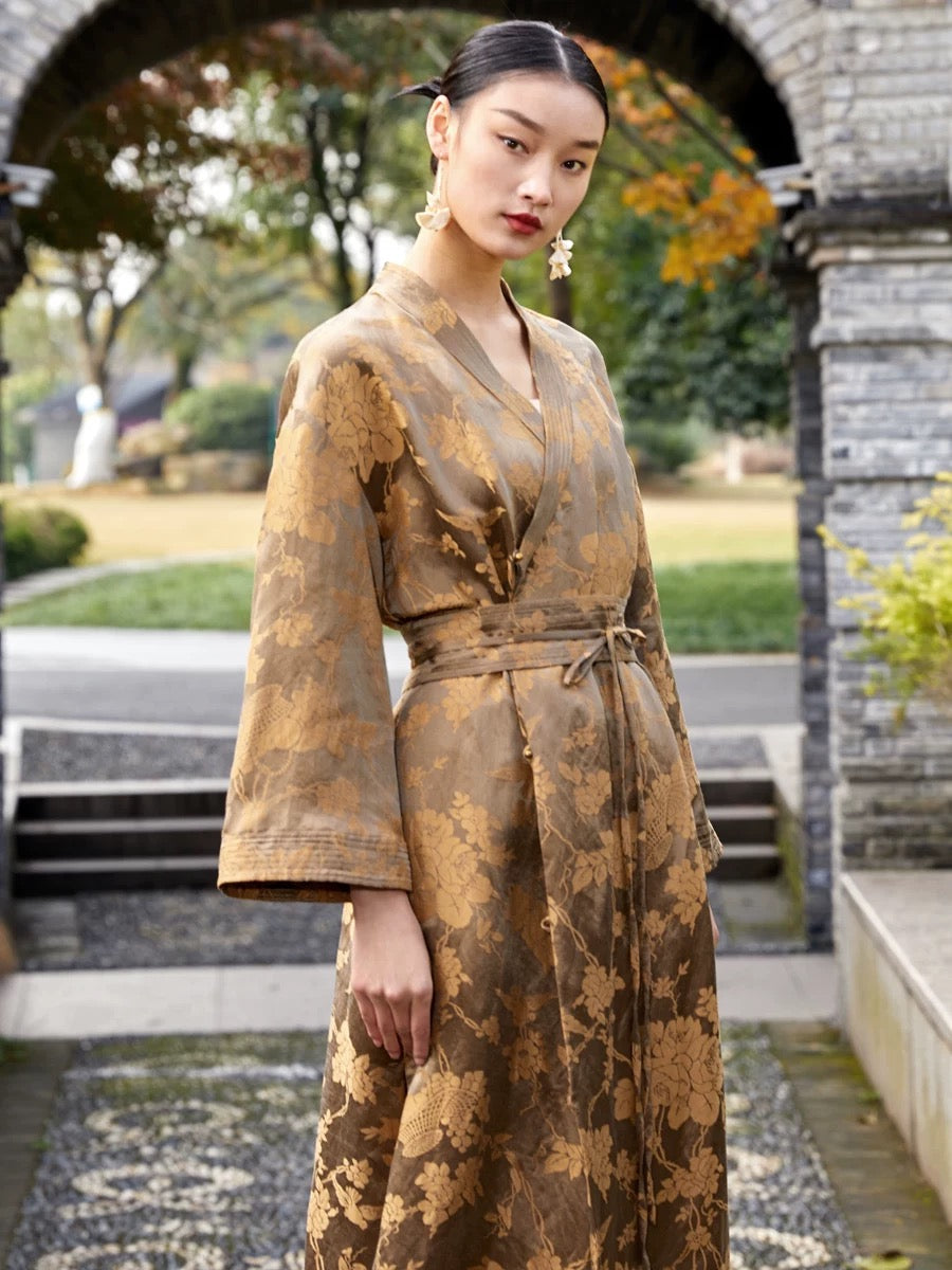 Tao One Tech™ • Golden Bronze Silk Floral Kimono Dress • Mulberry Silk Linen • Floral Jacquard Cheongsam