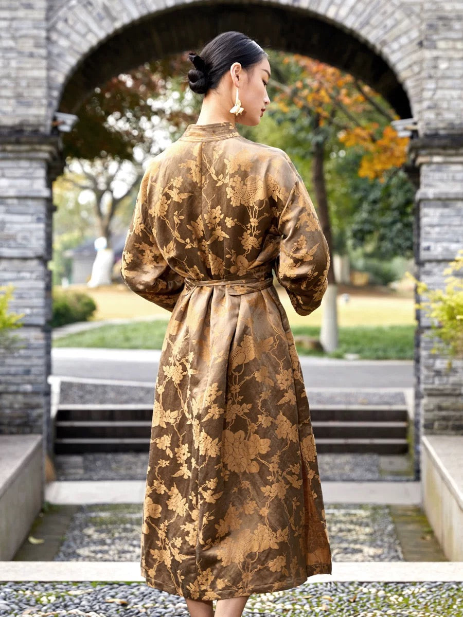 Tao One Tech™ • Golden Bronze Silk Floral Kimono Dress • Mulberry Silk Linen • Floral Jacquard Cheongsam