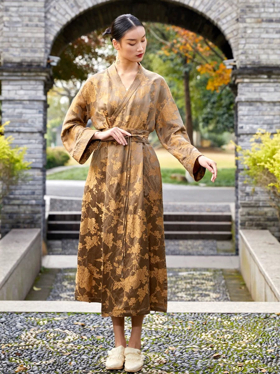 Tao One Tech™ • Golden Bronze Silk Floral Kimono Dress • Mulberry Silk Linen • Floral Jacquard Cheongsam