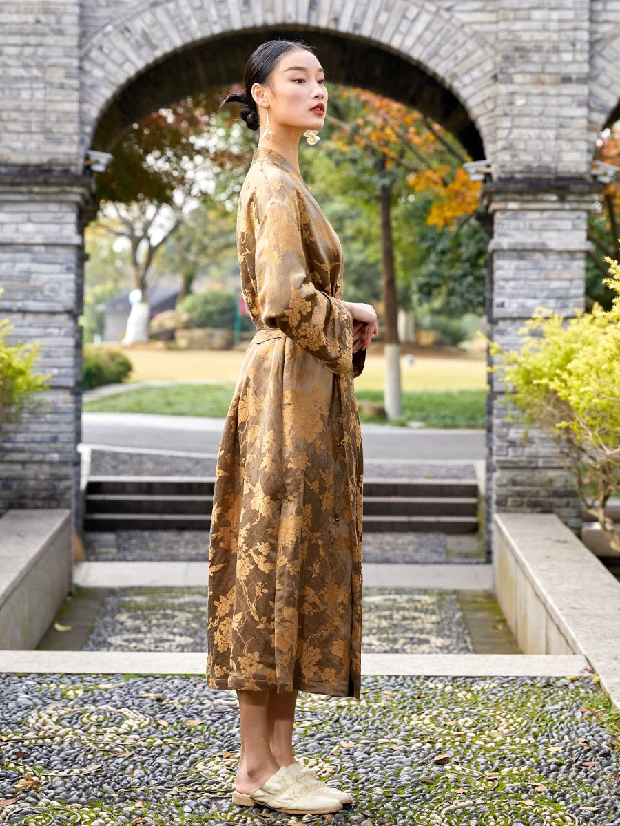 Tao One Tech™ • Golden Bronze Silk Floral Kimono Dress • Mulberry Silk Linen • Floral Jacquard Cheongsam