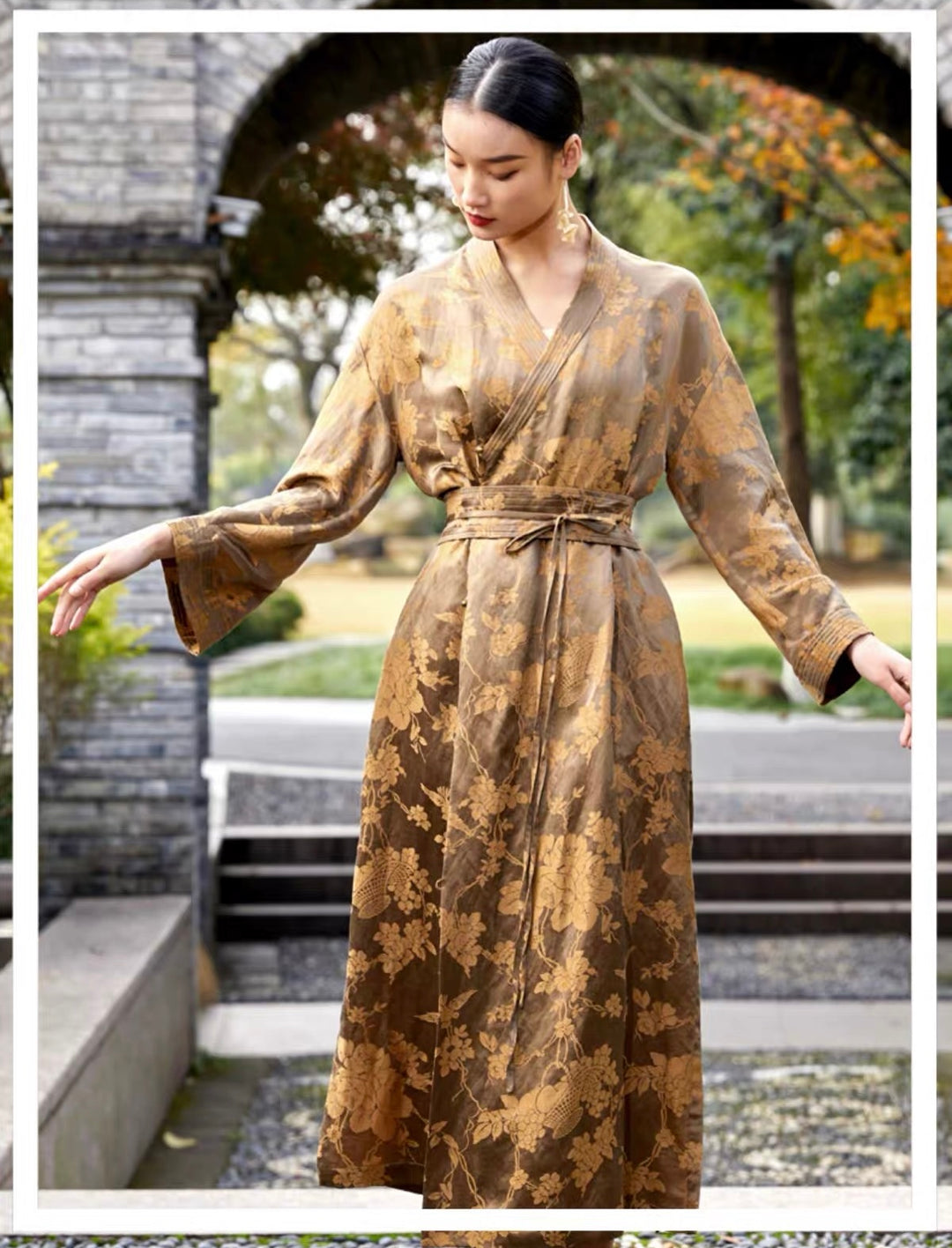 Tao One Tech™ • Golden Bronze Silk Floral Kimono Dress • Mulberry Silk Linen • Floral Jacquard Cheongsam