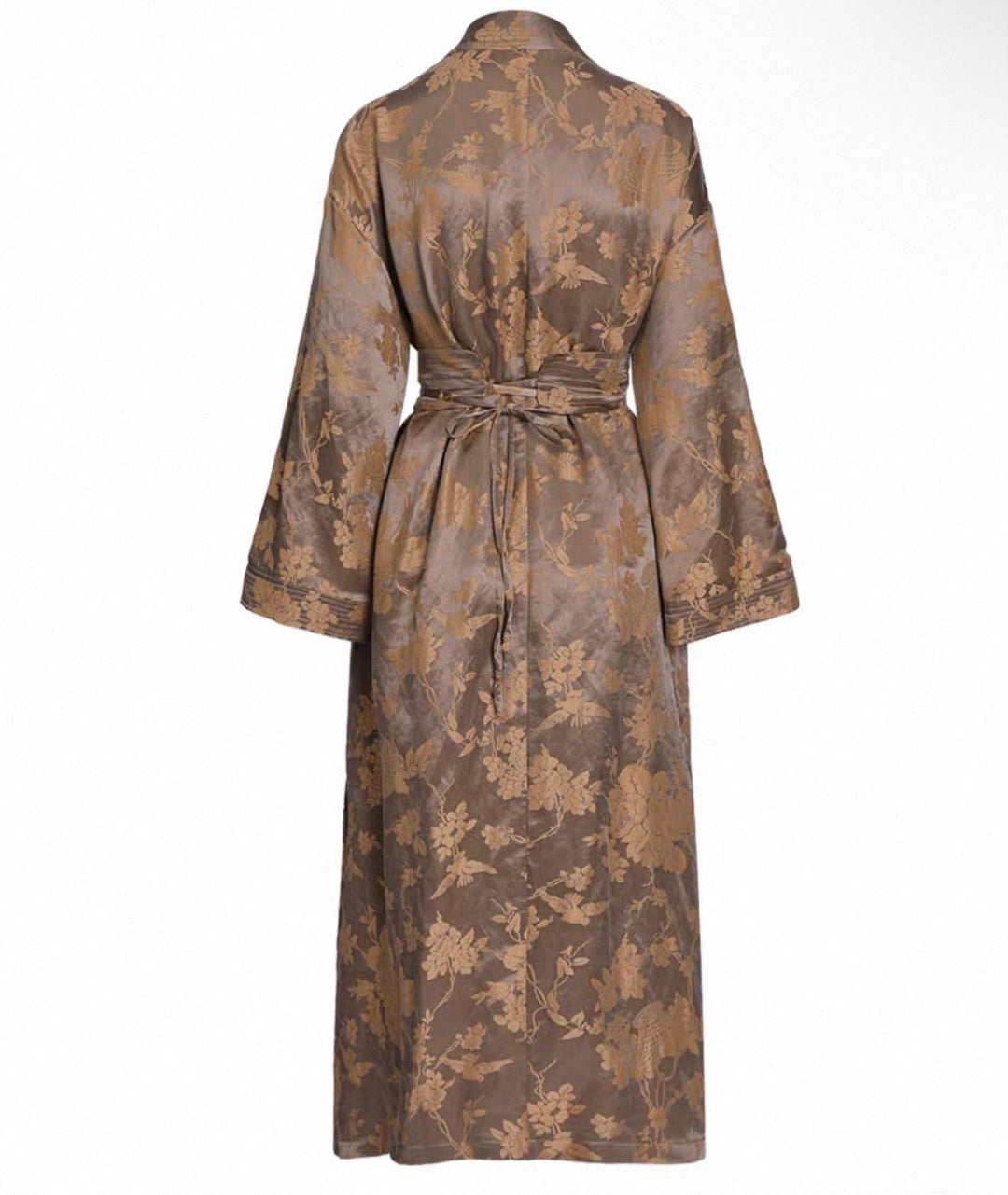 Tao One Tech™ • Golden Bronze Silk Floral Kimono Dress • Mulberry Silk Linen • Floral Jacquard Cheongsam