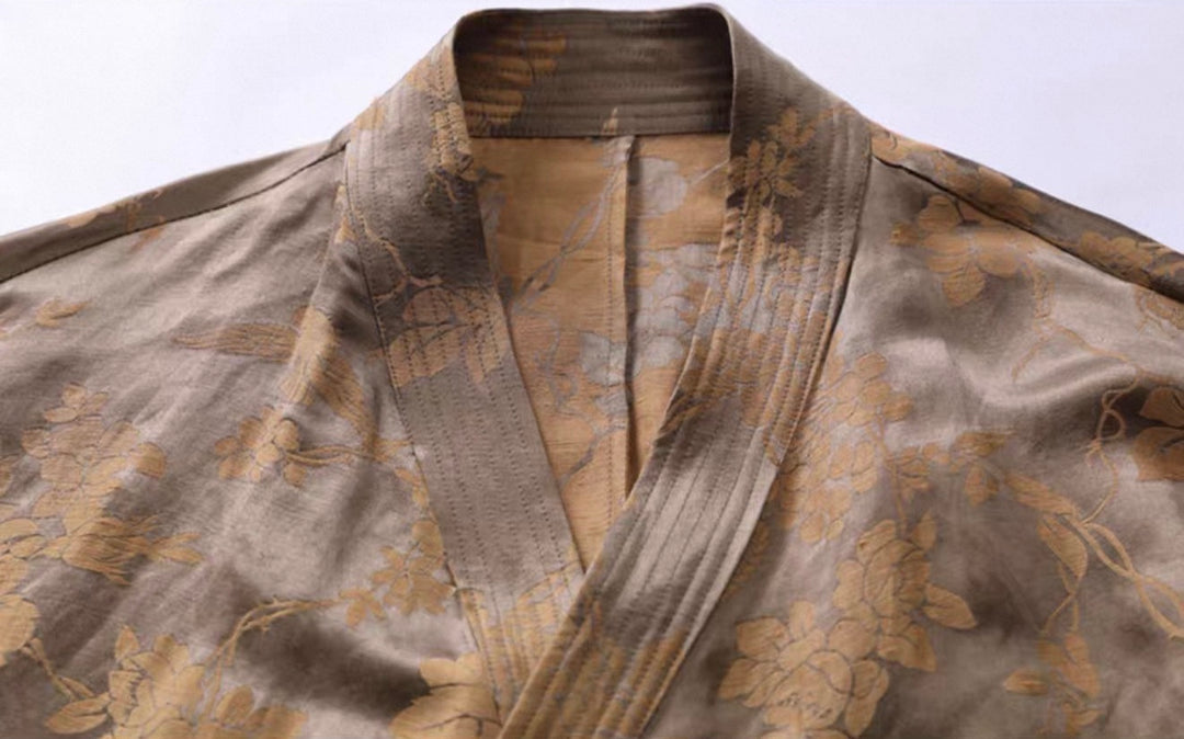 Tao One Tech™ • Golden Bronze Silk Floral Kimono Dress • Mulberry Silk Linen • Floral Jacquard Cheongsam