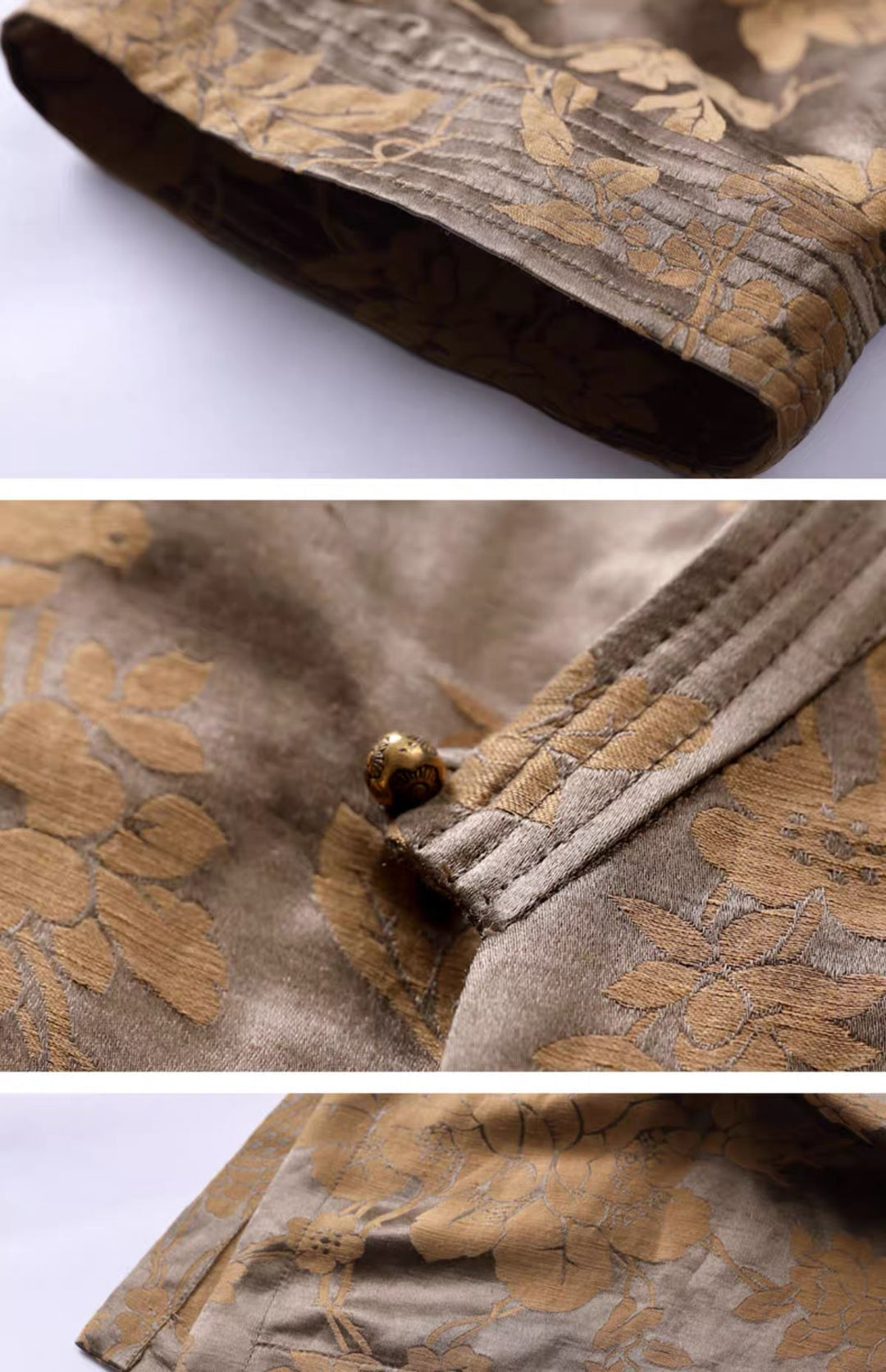 Tao One Tech™ • Golden Bronze Silk Floral Kimono Dress • Mulberry Silk Linen • Floral Jacquard Cheongsam