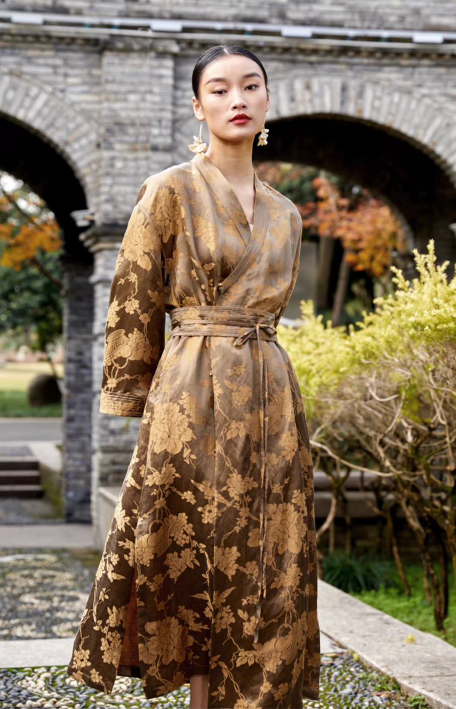 Tao One Tech™ • Golden Bronze Silk Floral Kimono Dress • Mulberry Silk Linen • Floral Jacquard Cheongsam