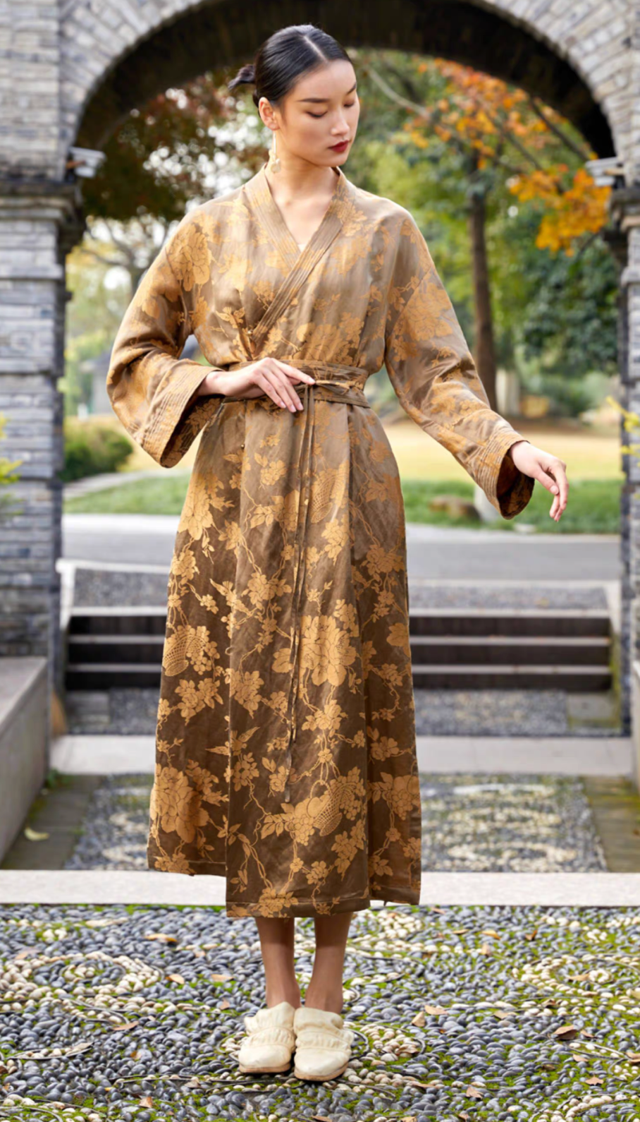 Tao One Tech™ • Golden Bronze Silk Floral Kimono Dress • Mulberry Silk Linen • Floral Jacquard Cheongsam