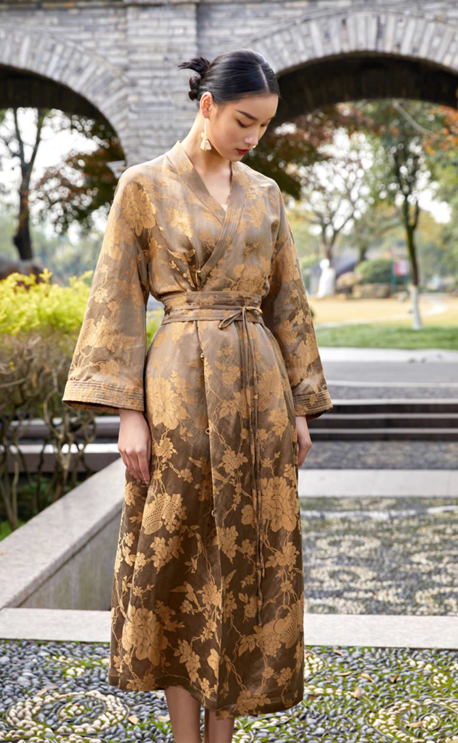 Tao One Tech™ • Golden Bronze Silk Floral Kimono Dress • Mulberry Silk Linen • Floral Jacquard Cheongsam