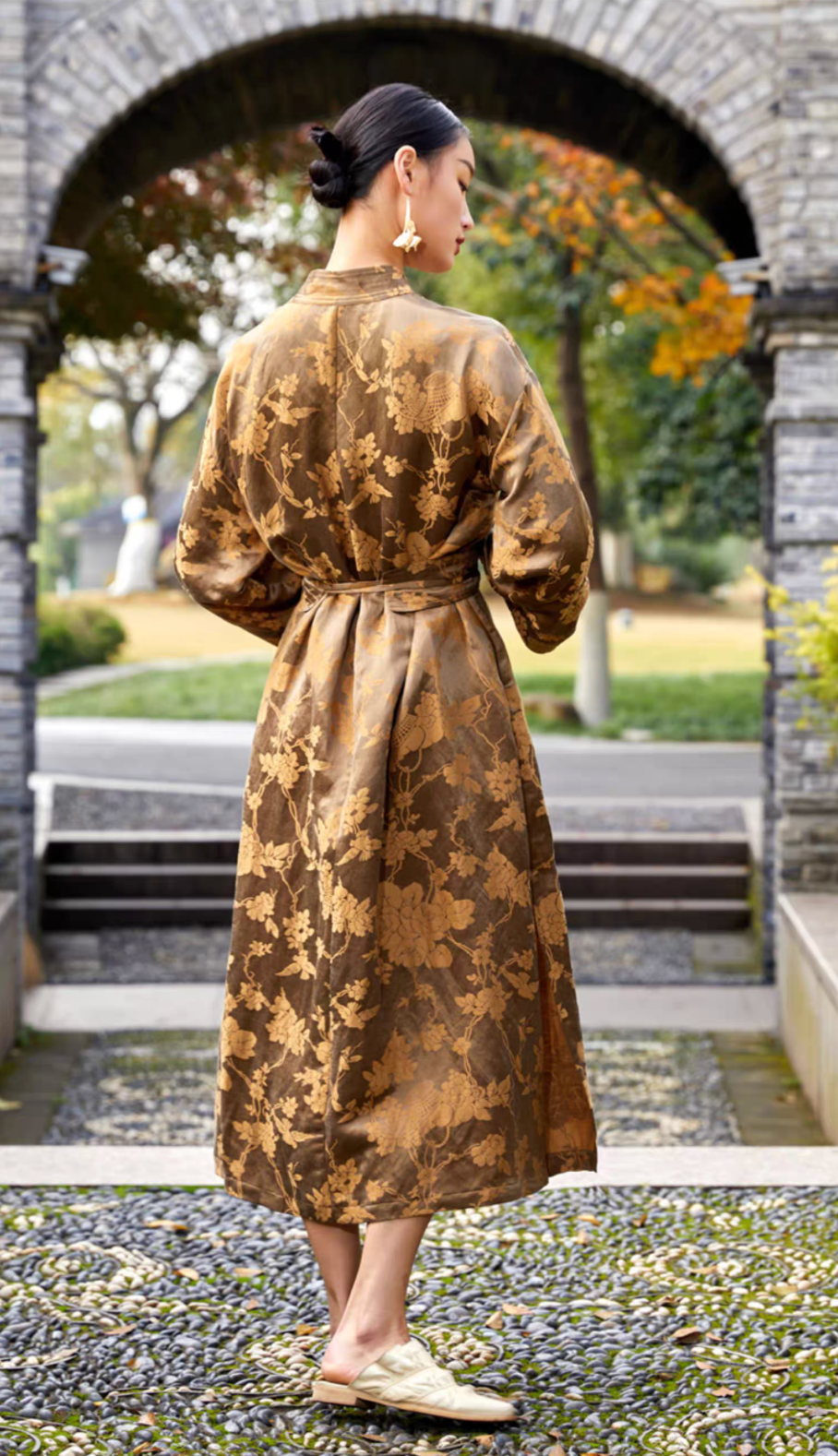 Tao One Tech™ • Golden Bronze Silk Floral Kimono Dress • Mulberry Silk Linen • Floral Jacquard Cheongsam