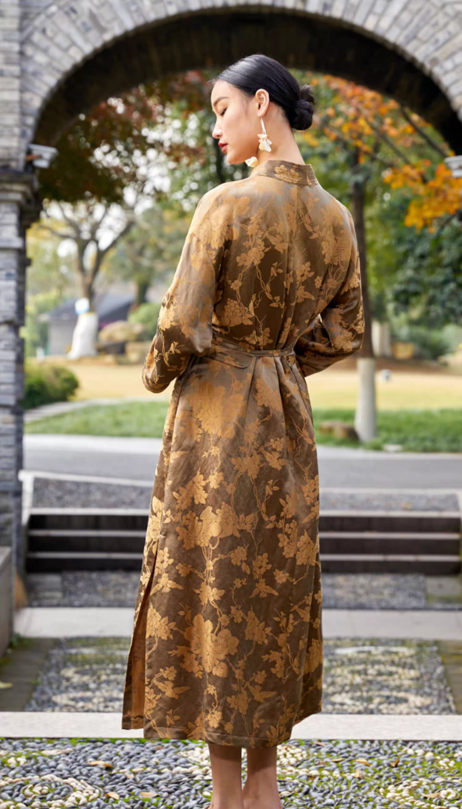 Tao One Tech™ • Golden Bronze Silk Floral Kimono Dress • Mulberry Silk Linen • Floral Jacquard Cheongsam