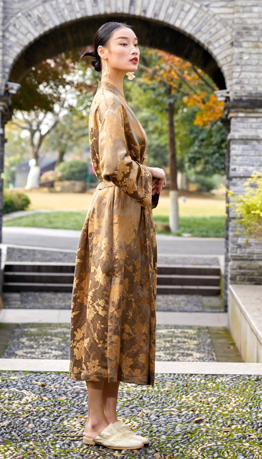 Tao One Tech™ • Golden Bronze Silk Floral Kimono Dress • Mulberry Silk Linen • Floral Jacquard Cheongsam