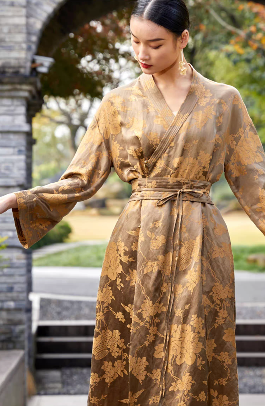 Tao One Tech™ • Golden Bronze Silk Floral Kimono Dress • Mulberry Silk Linen • Floral Jacquard Cheongsam