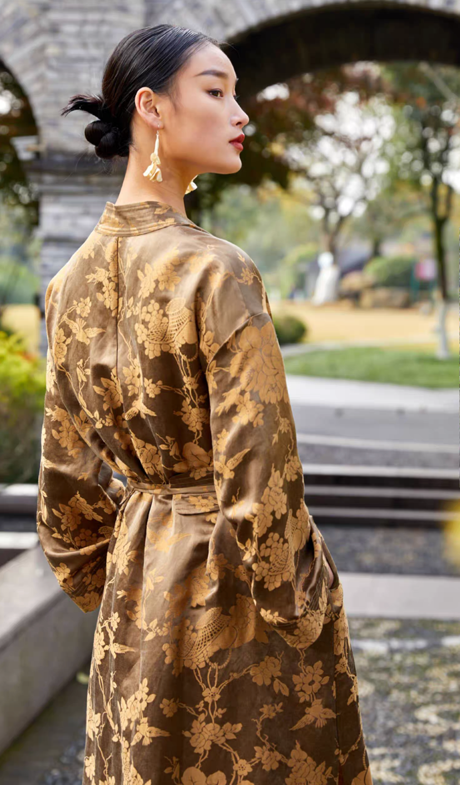 Tao One Tech™ • Golden Bronze Silk Floral Kimono Dress • Mulberry Silk Linen • Floral Jacquard Cheongsam