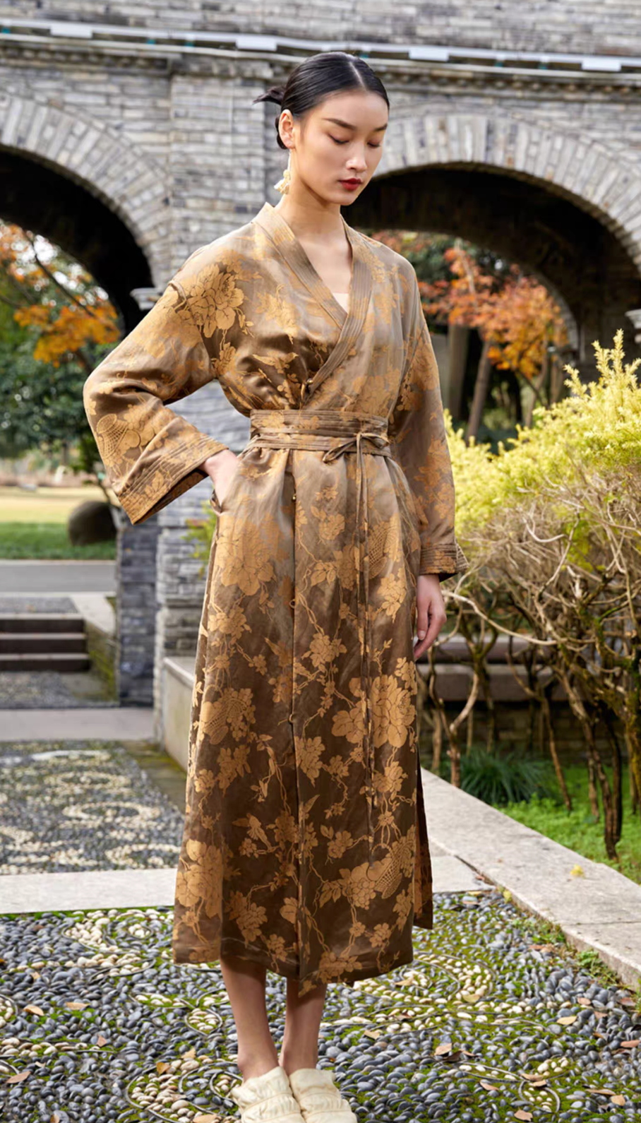 Tao One Tech™ • Golden Bronze Silk Floral Kimono Dress • Mulberry Silk Linen • Floral Jacquard Cheongsam