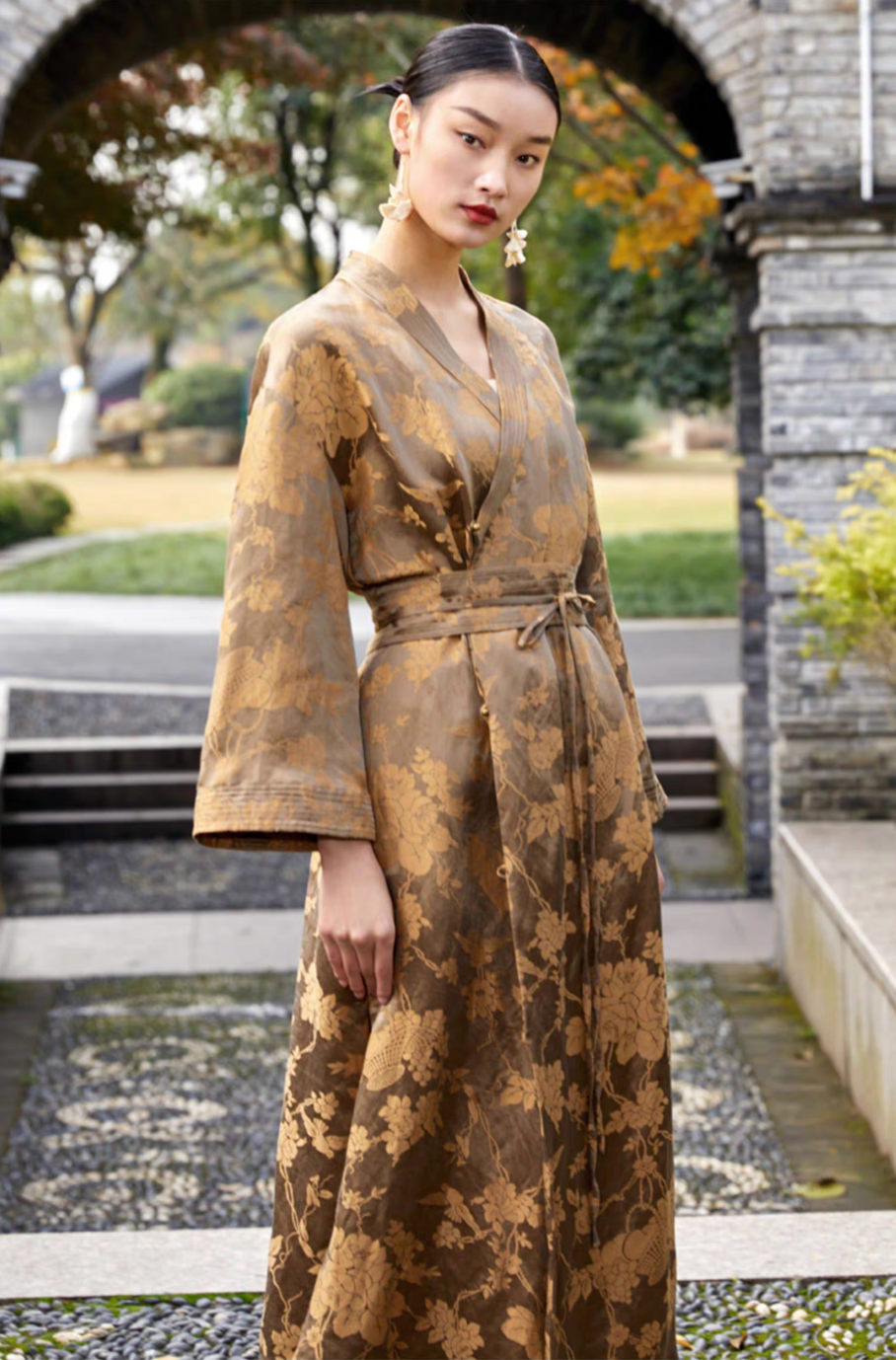 Tao One Tech™ • Golden Bronze Silk Floral Kimono Dress • Mulberry Silk Linen • Floral Jacquard Cheongsam