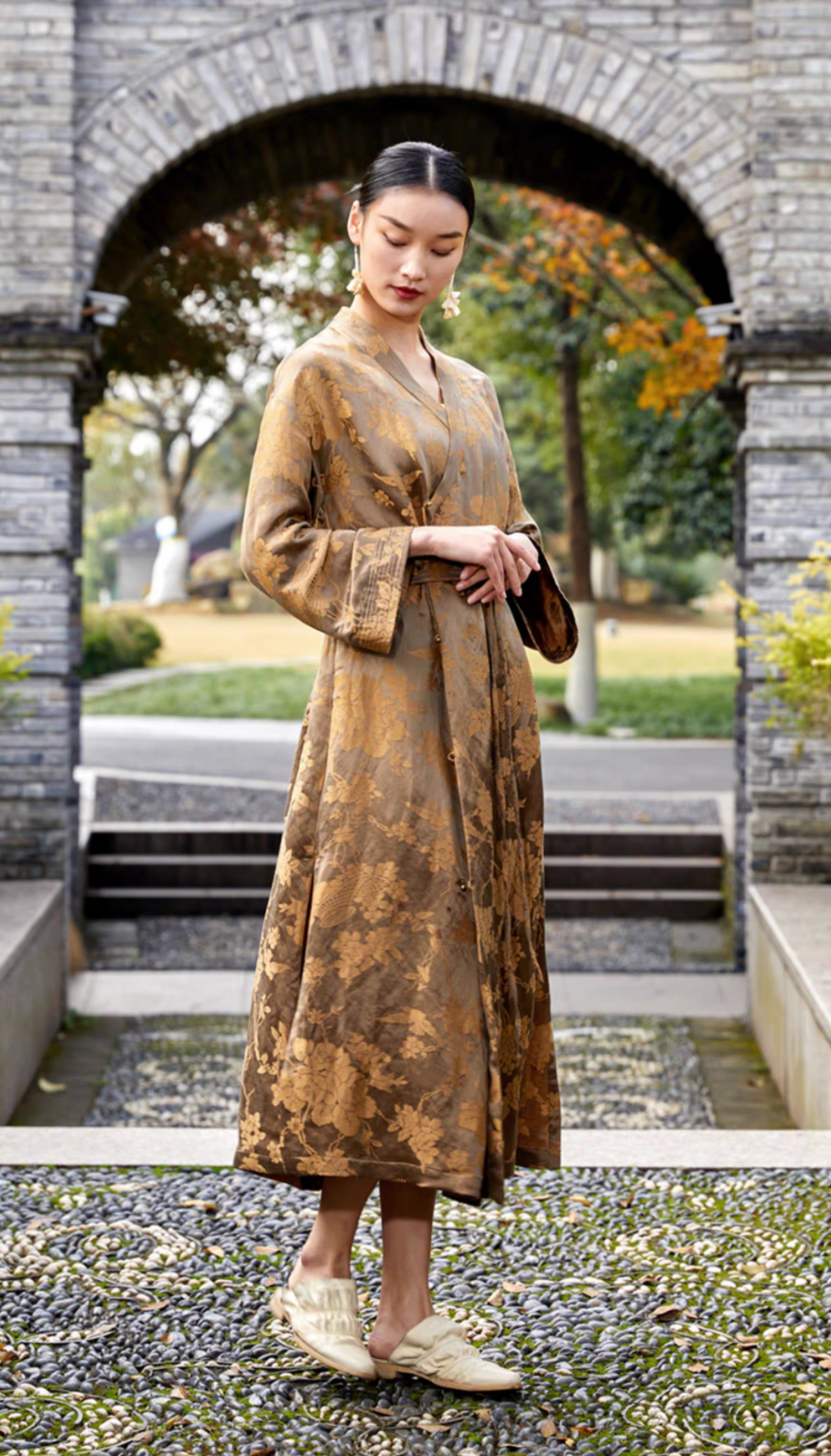 Tao One Tech™ • Golden Bronze Silk Floral Kimono Dress • Mulberry Silk Linen • Floral Jacquard Cheongsam