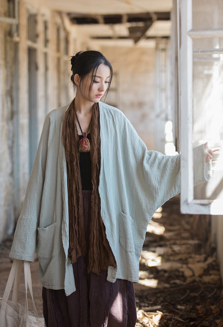 Tao One Tech™ • Zen Flow Kimono Cardigan • Double-Layer Sand-Washed Cotton • Butterfly Sleeve • Zen Outerwear