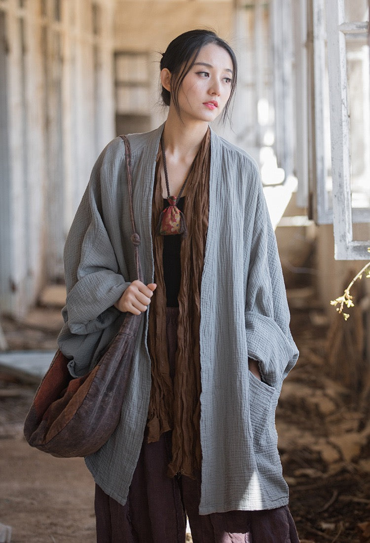 Tao One Tech™ • Zen Flow Kimono Cardigan • Double-Layer Sand-Washed Cotton • Butterfly Sleeve • Zen Outerwear