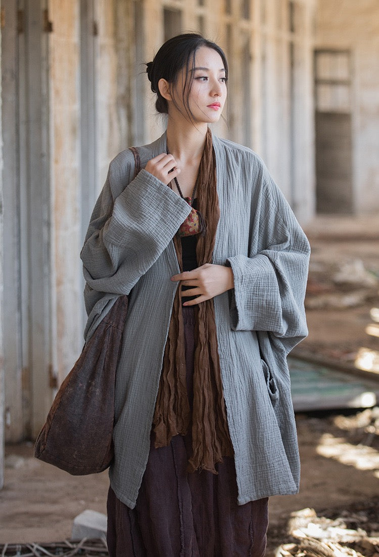 Tao One Tech™ • Zen Flow Kimono Cardigan • Double-Layer Sand-Washed Cotton • Butterfly Sleeve • Zen Outerwear