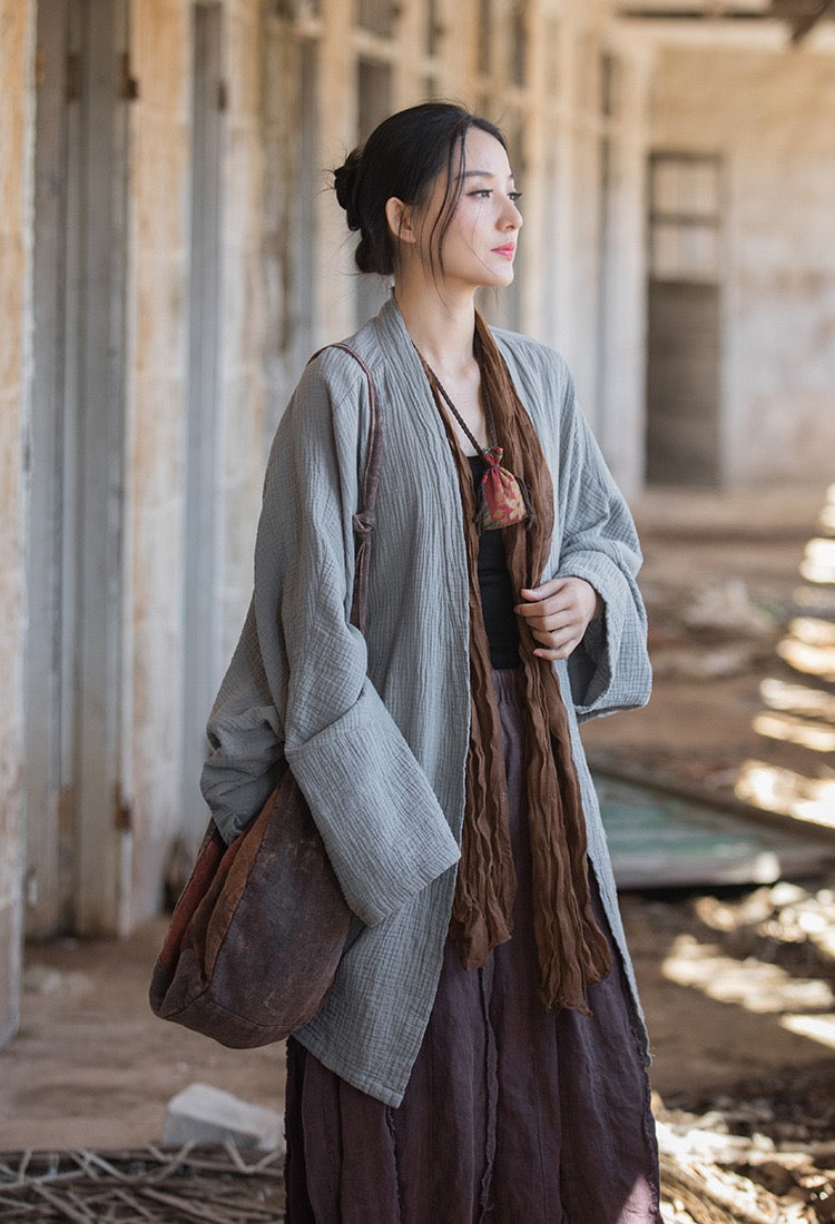 Tao One Tech™ • Zen Flow Kimono Cardigan • Double-Layer Sand-Washed Cotton • Butterfly Sleeve • Zen Outerwear