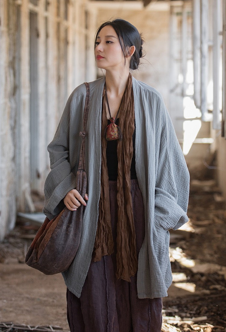 Tao One Tech™ • Zen Flow Kimono Cardigan • Double-Layer Sand-Washed Cotton • Butterfly Sleeve • Zen Outerwear