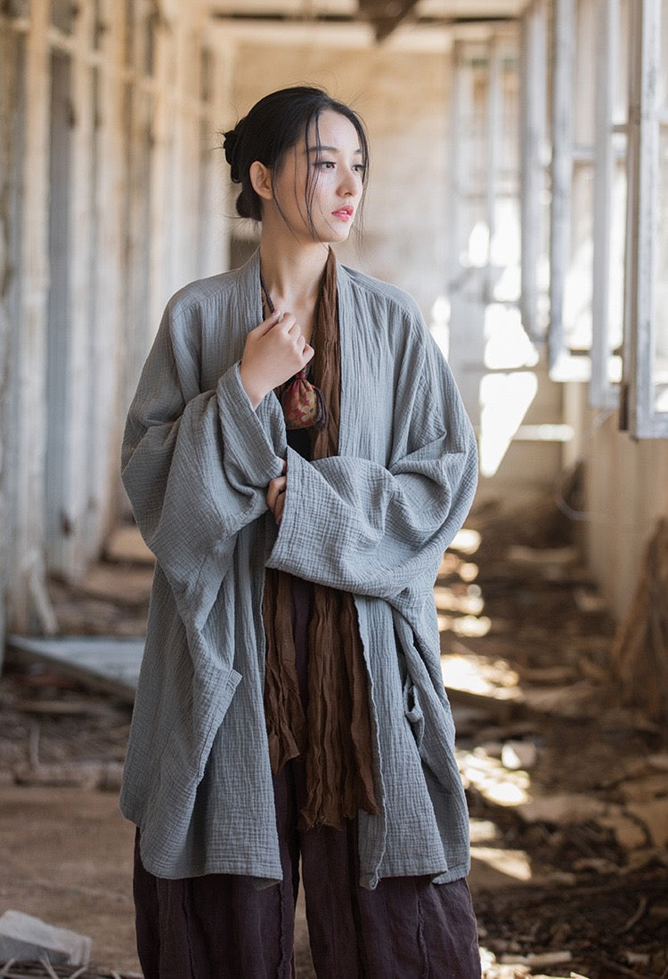 Tao One Tech™ • Zen Flow Kimono Cardigan • Double-Layer Sand-Washed Cotton • Butterfly Sleeve • Zen Outerwear