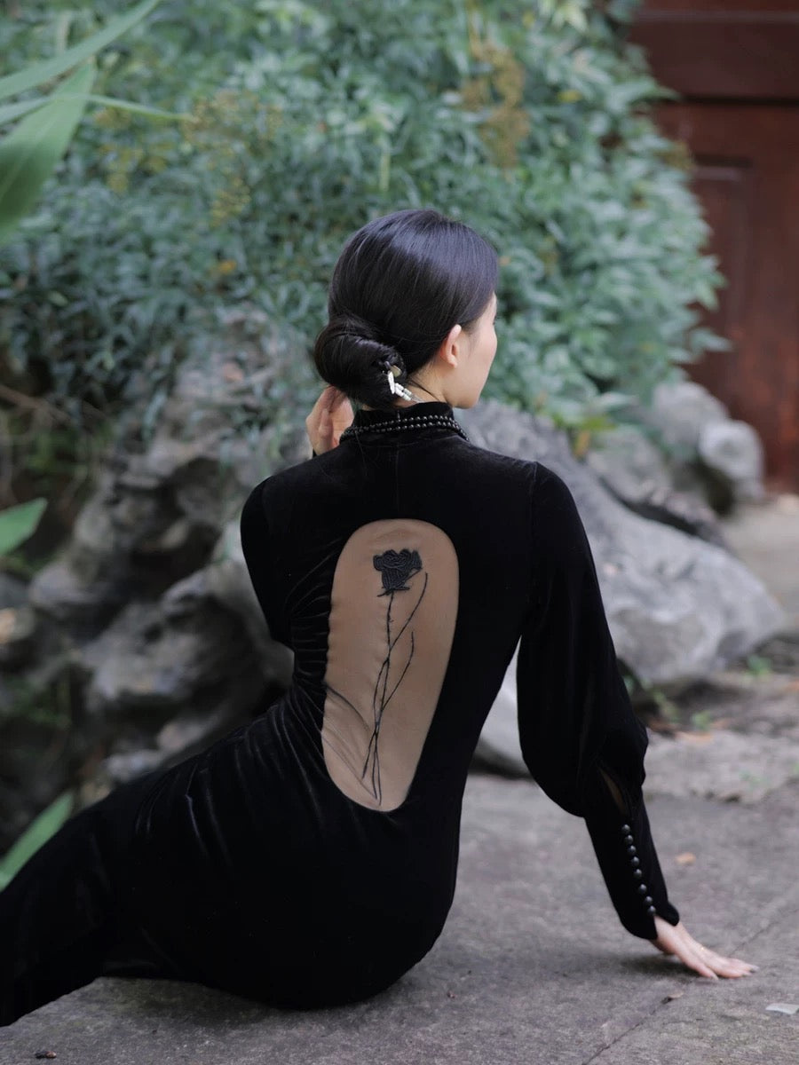 Tao One Tech™ • Velvet Fishtail Long Dress • Cheongsam • Elegant Rose Mesh Back