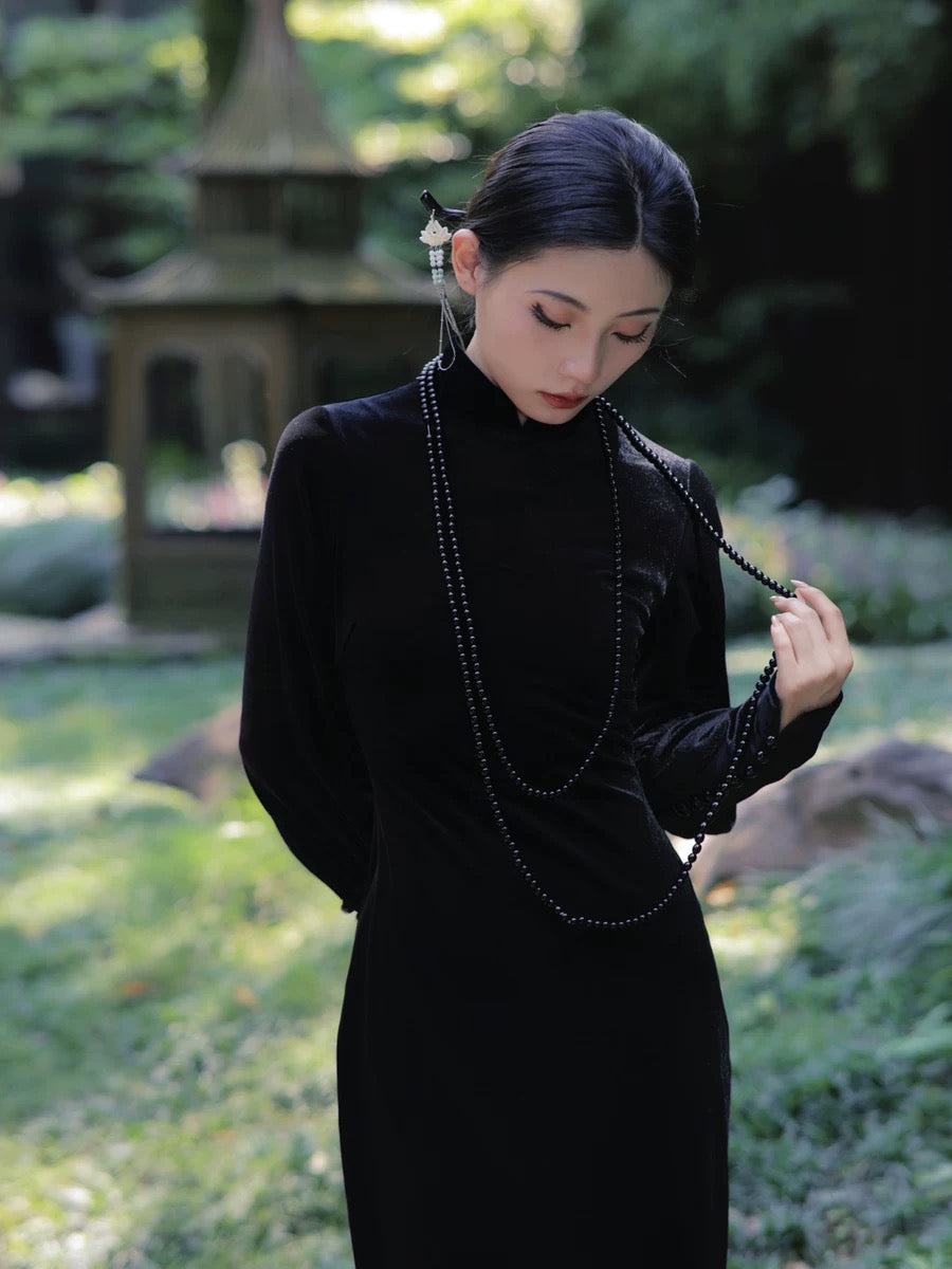 Tao One Tech™ • Velvet Fishtail Long Dress • Cheongsam • Elegant Rose Mesh Back