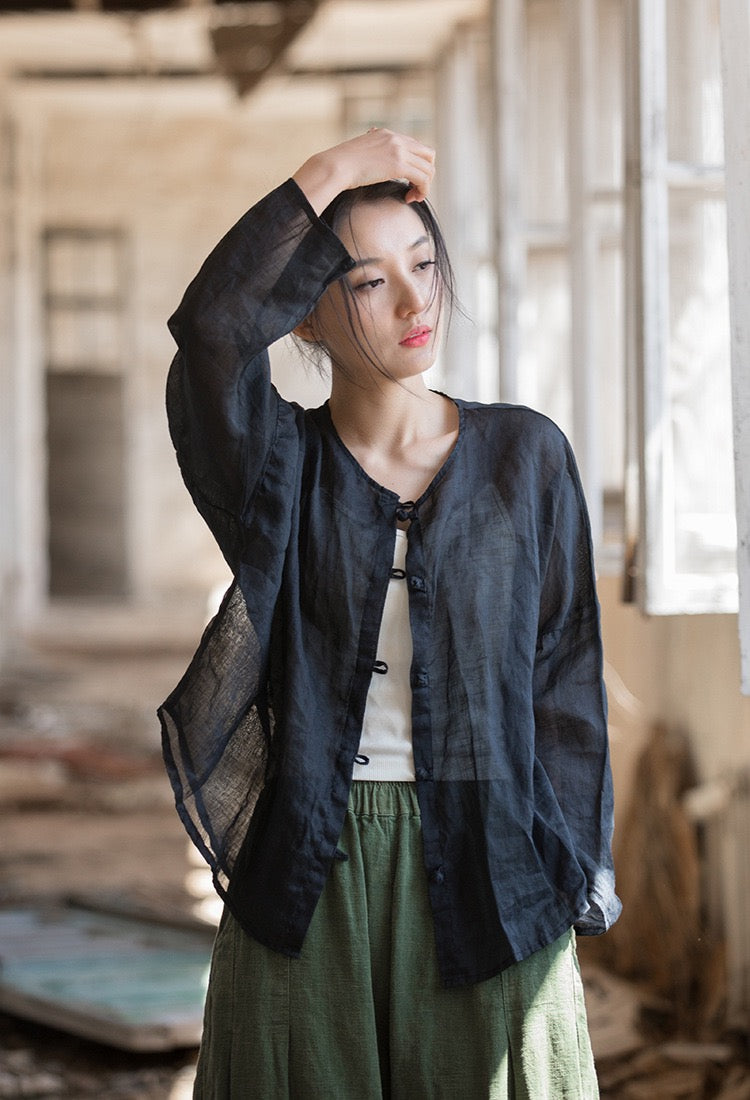 Tao One Tech™ • Zen Sunscreen Cardigan • Pure Ramie • Sheer Flow Layer • Translucent • Five Element Buckles