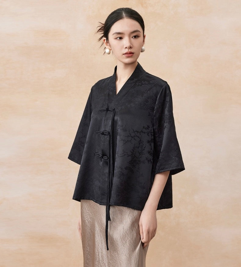 Tao One Tech™ • Floral Elegance Qigong Kimono • Cardigan • Pure Mulberry Silk • Three Quarter Sleeves • Floral Jacquard • Limited Edition