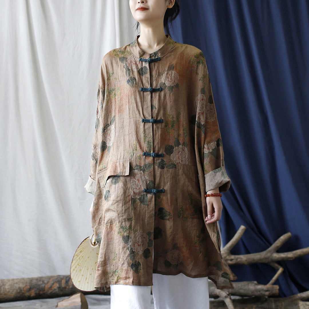 Tao One Tech™ • Tao Ancient Flower Sunscreen Robe • Cardigan • Kimono • Hanfu • Air Conditioning Shirt • Butterfly Bat Wing Sleeves • Cooling • Tech Pockets • Pure Ramie