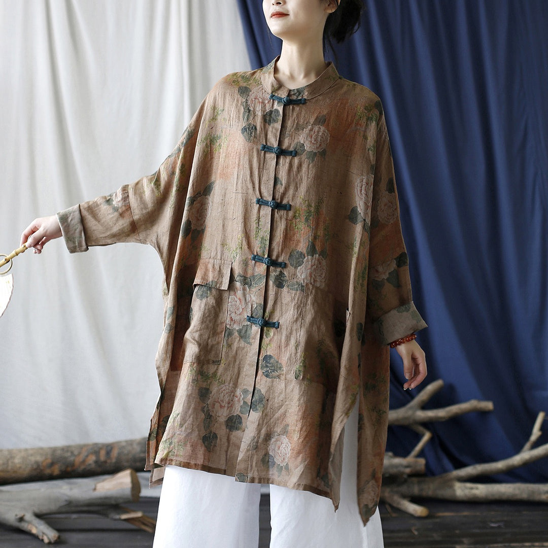 Tao One Tech™ • Tao Ancient Flower Sunscreen Robe • Cardigan • Kimono • Hanfu • Air Conditioning Shirt • Butterfly Bat Wing Sleeves • Cooling • Tech Pockets • Pure Ramie