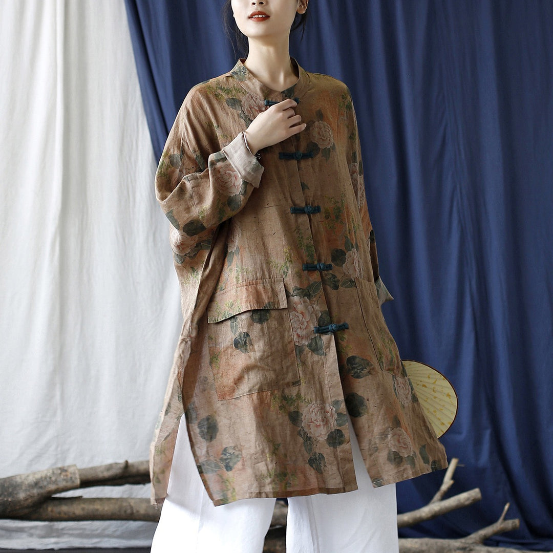 Tao One Tech™ • Tao Ancient Flower Sunscreen Robe • Cardigan • Kimono • Hanfu • Air Conditioning Shirt • Butterfly Bat Wing Sleeves • Cooling • Tech Pockets • Pure Ramie