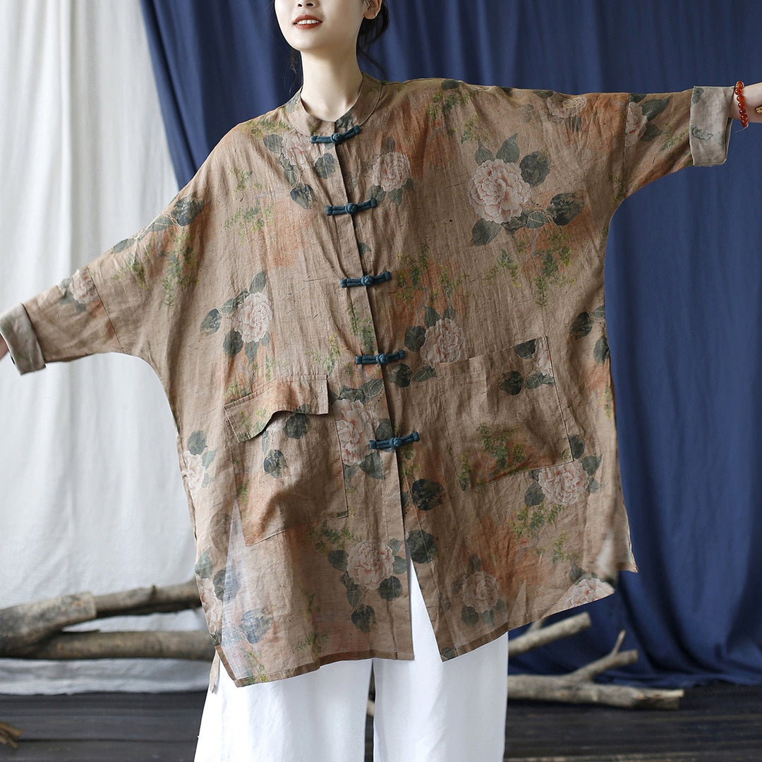 Tao One Tech™ • Tao Ancient Flower Sunscreen Robe • Cardigan • Kimono • Hanfu • Air Conditioning Shirt • Butterfly Bat Wing Sleeves • Cooling • Tech Pockets • Pure Ramie