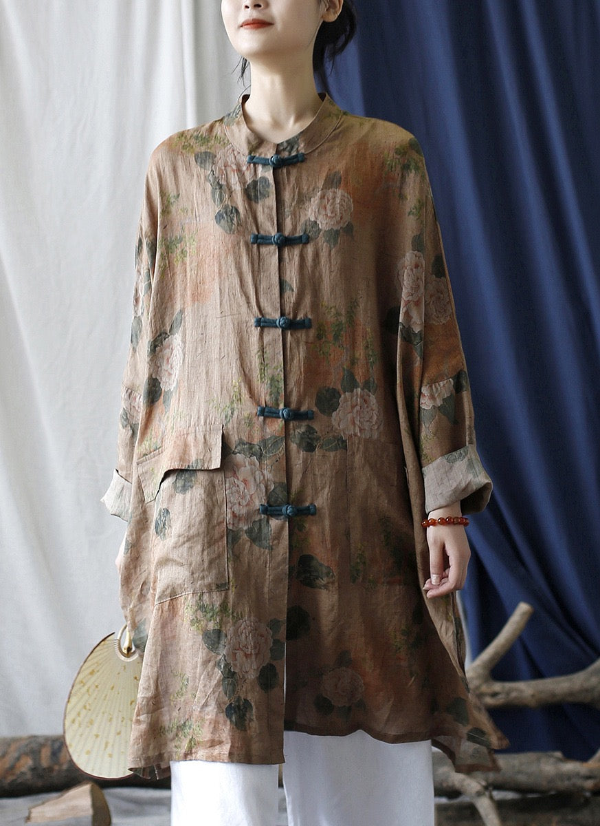 Tao One Tech™ • Tao Ancient Flower Sunscreen Robe • Cardigan • Kimono • Hanfu • Air Conditioning Shirt • Butterfly Bat Wing Sleeves • Cooling • Tech Pockets • Pure Ramie