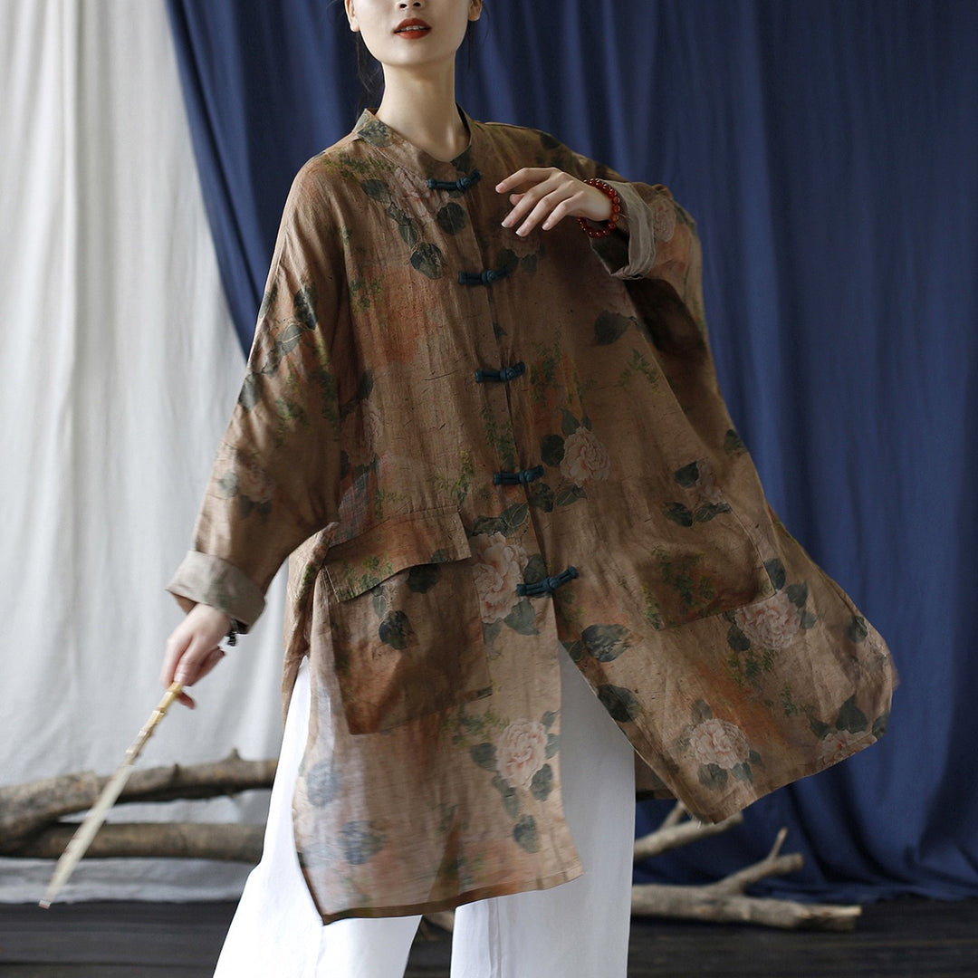 Tao One Tech™ • Tao Ancient Flower Sunscreen Robe • Cardigan • Kimono • Hanfu • Air Conditioning Shirt • Butterfly Bat Wing Sleeves • Cooling • Tech Pockets • Pure Ramie