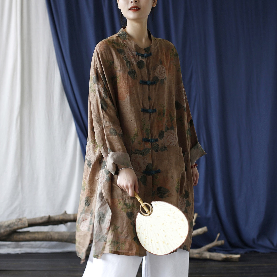 Tao One Tech™ • Tao Ancient Flower Sunscreen Robe • Cardigan • Kimono • Hanfu • Air Conditioning Shirt • Butterfly Bat Wing Sleeves • Cooling • Tech Pockets • Pure Ramie