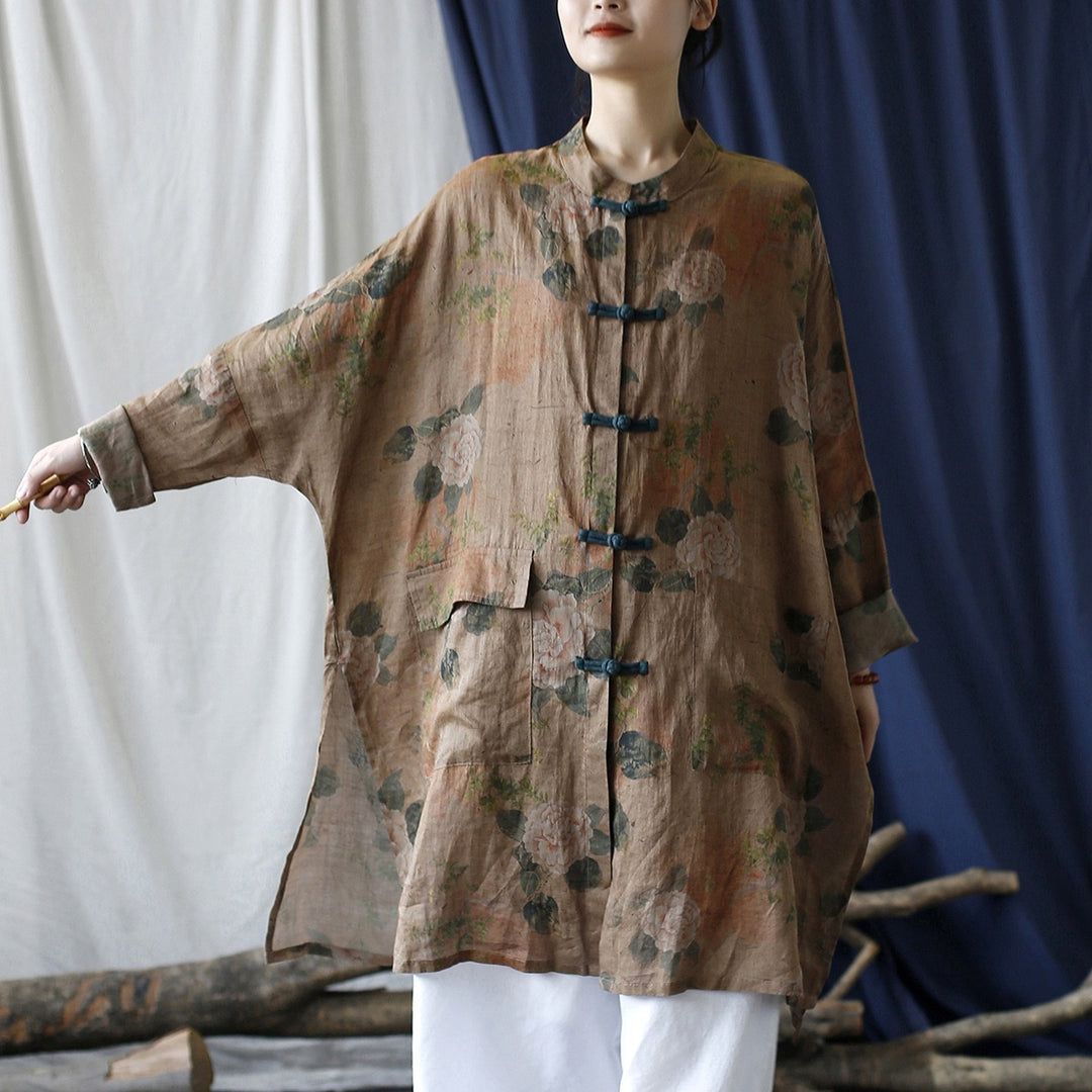 Tao One Tech™ • Tao Ancient Flower Sunscreen Robe • Cardigan • Kimono • Hanfu • Air Conditioning Shirt • Butterfly Bat Wing Sleeves • Cooling • Tech Pockets • Pure Ramie