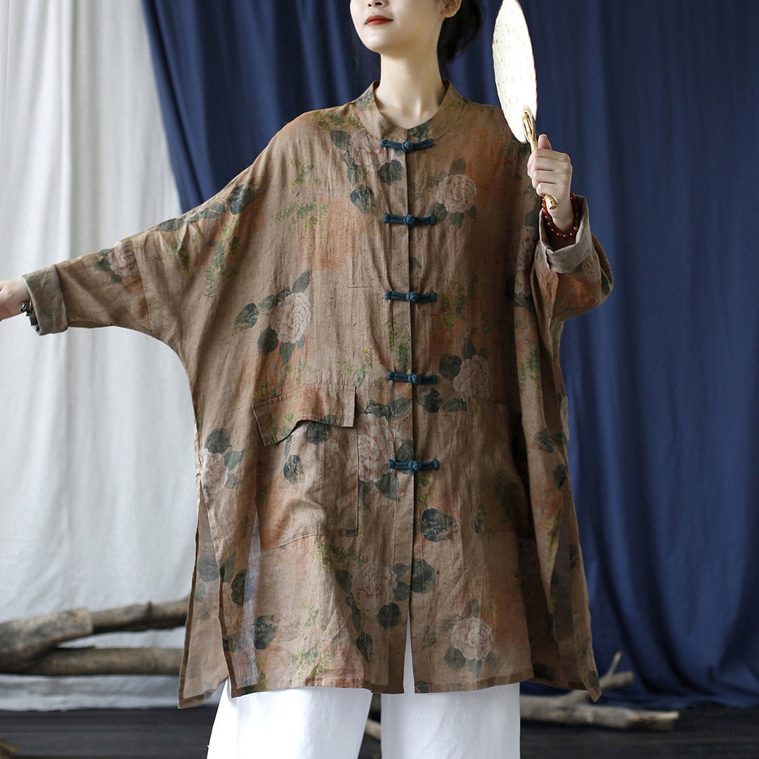 Tao One Tech™ • Tao Ancient Flower Sunscreen Robe • Cardigan • Kimono • Hanfu • Air Conditioning Shirt • Butterfly Bat Wing Sleeves • Cooling • Tech Pockets • Pure Ramie
