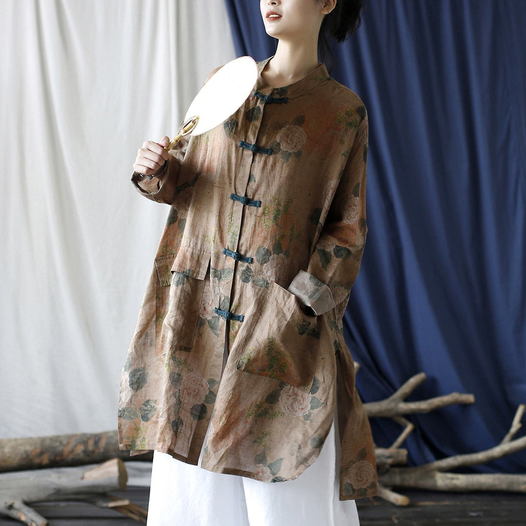 Tao One Tech™ • Tao Ancient Flower Sunscreen Robe • Cardigan • Kimono • Hanfu • Air Conditioning Shirt • Butterfly Bat Wing Sleeves • Cooling • Tech Pockets • Pure Ramie