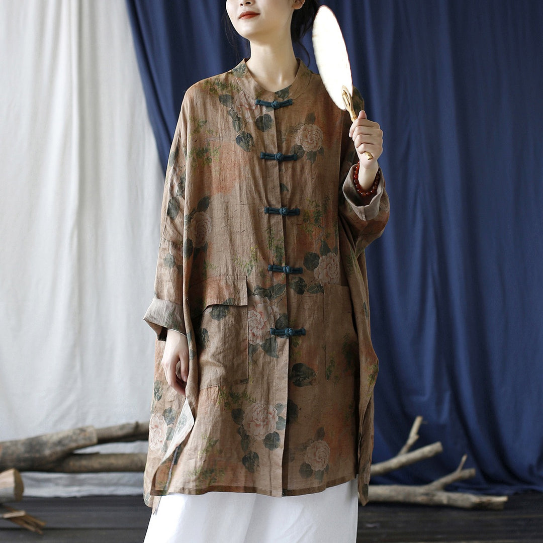 Tao One Tech™ • Tao Ancient Flower Sunscreen Robe • Cardigan • Kimono • Hanfu • Air Conditioning Shirt • Butterfly Bat Wing Sleeves • Cooling • Tech Pockets • Pure Ramie